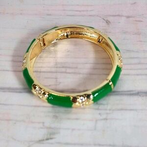 Gold Tone Green Enamel Rhinestone Hinged Bangle Bracelet Clasp